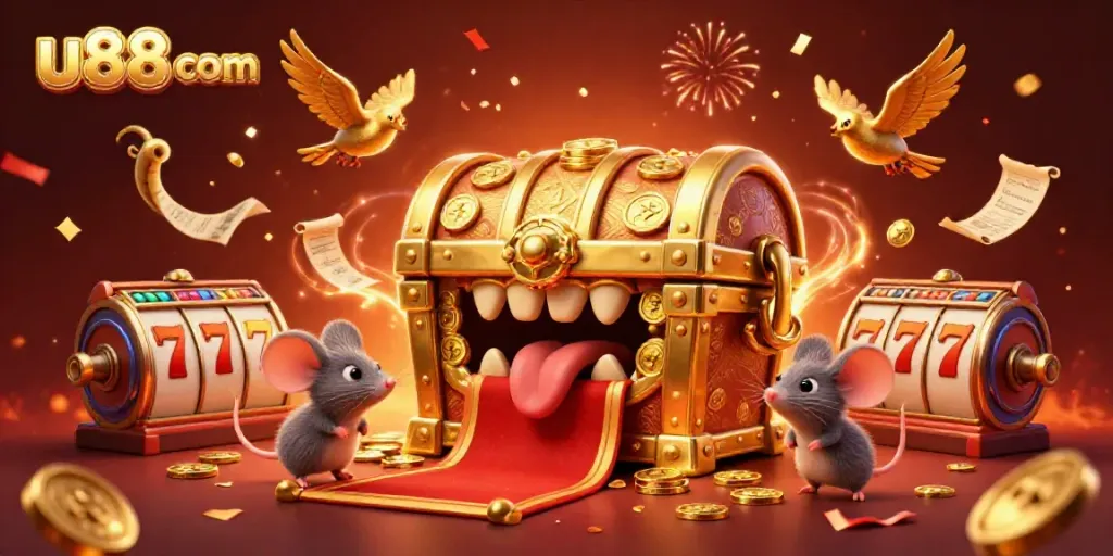 Experience the excitement of u88 com with a dynamic casino scene featuring treasures and jackpots.
