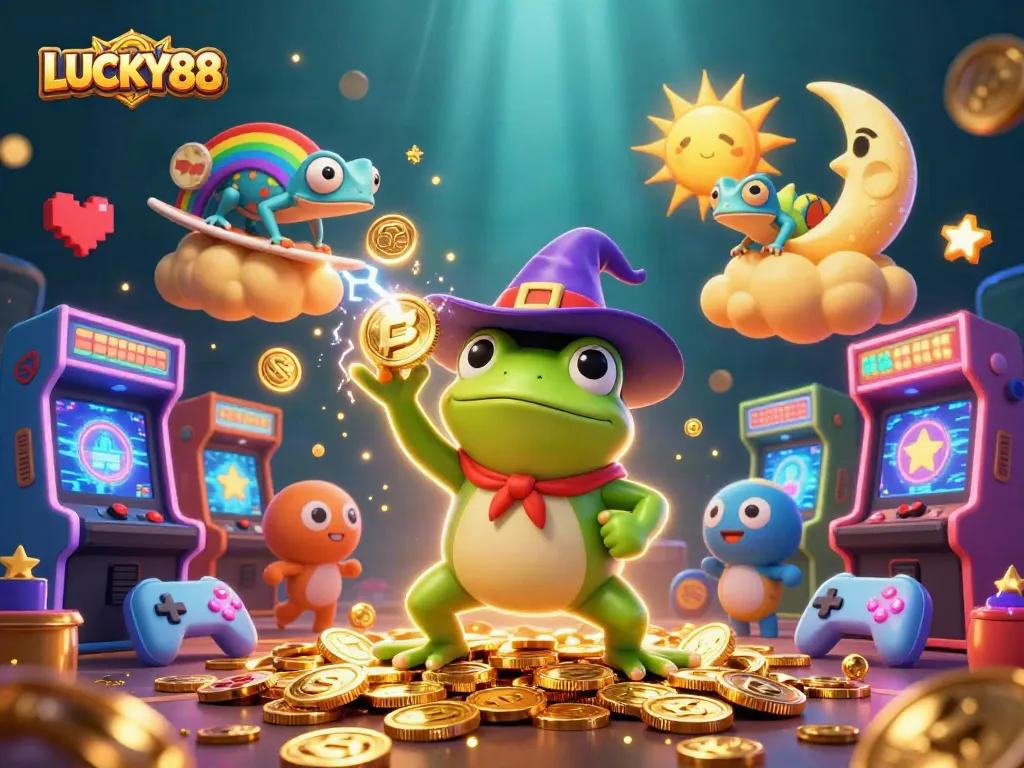 Experience LUCKY88's dynamic gaming scene with frogs and chameleons amidst golden coins and arcade machines.