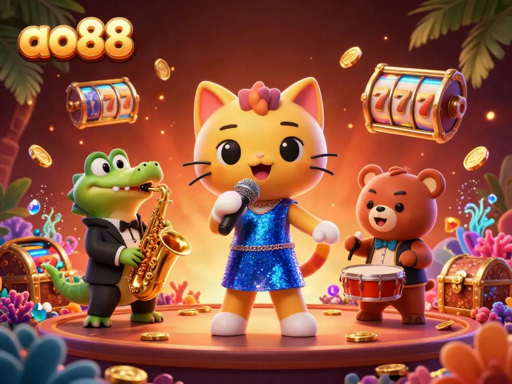 A lively casino scene with ao88's characters performing amidst slot reels and gold coins.
