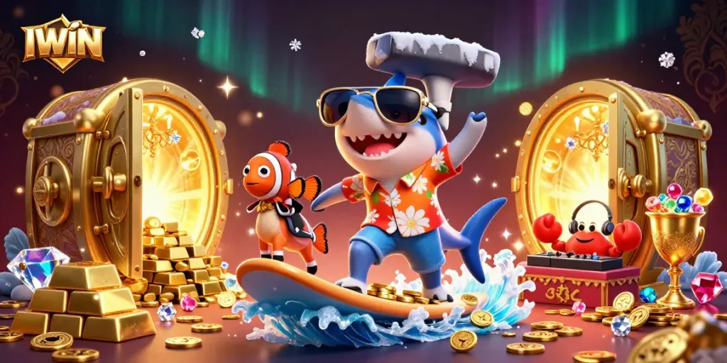 IWIN combines thrilling gaming fun with a striking illustration of a shark surfing gold coins, highlighting casino excitement.