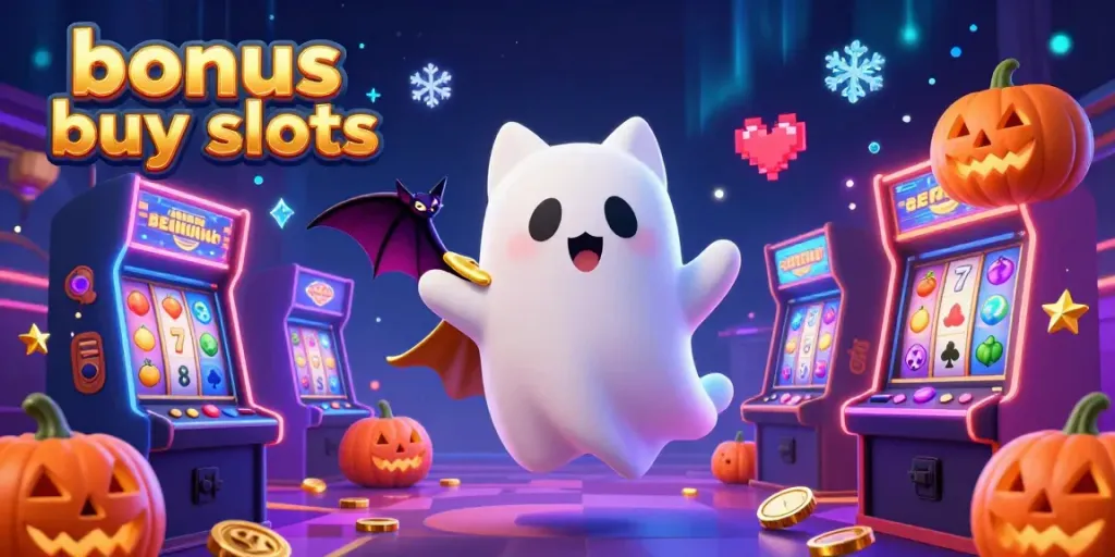 Experience the excitement of bonus buy slots with a cartoon ghost cat and bat in a vibrant casino scene.