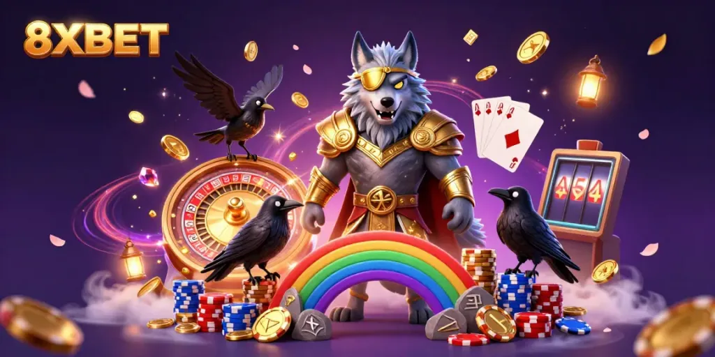 Engage in thrilling gaming at 8XBET featuring dynamic characters, sparkling coins, and casino excitement.