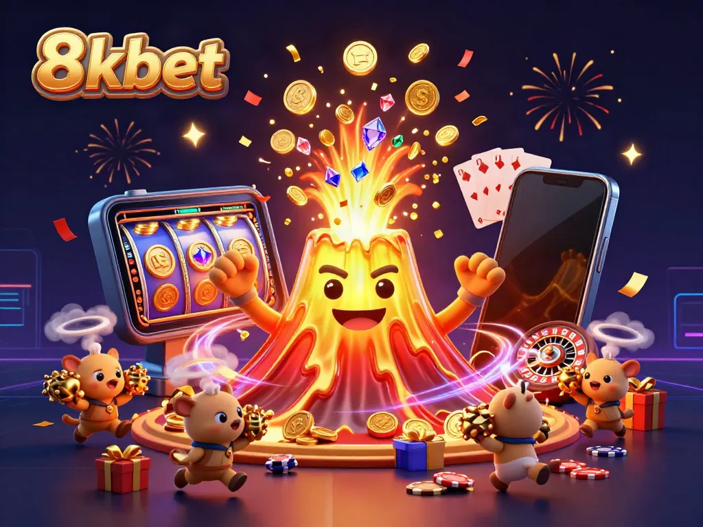 Experience excitement with 8xbet as a golden volcano erupts riches amidst treasure-hunting animals.