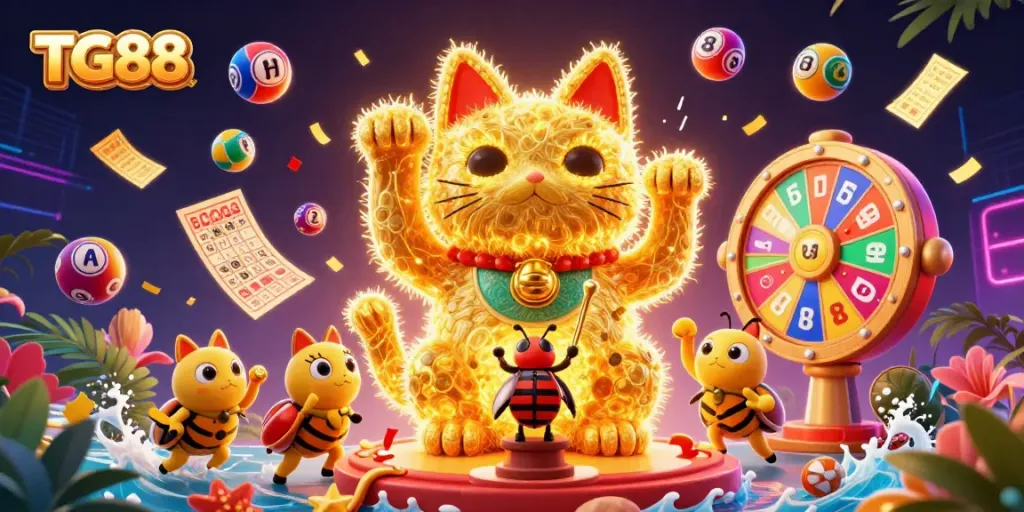Engage with TG88's vibrant lucky cat and casino symbols in this 3D illustration.