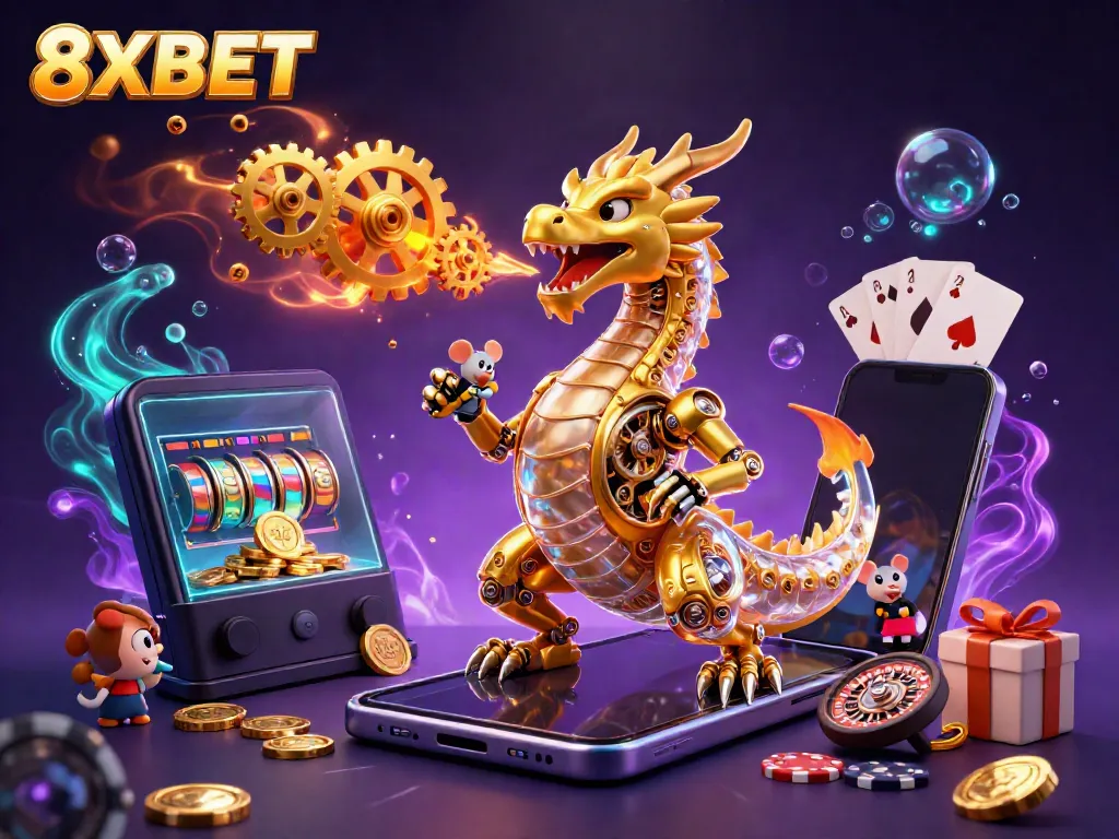 Experience the thrill of 8XBET with a vibrant illustration showcasing a mechanical dragon amidst dynamic gaming elements.