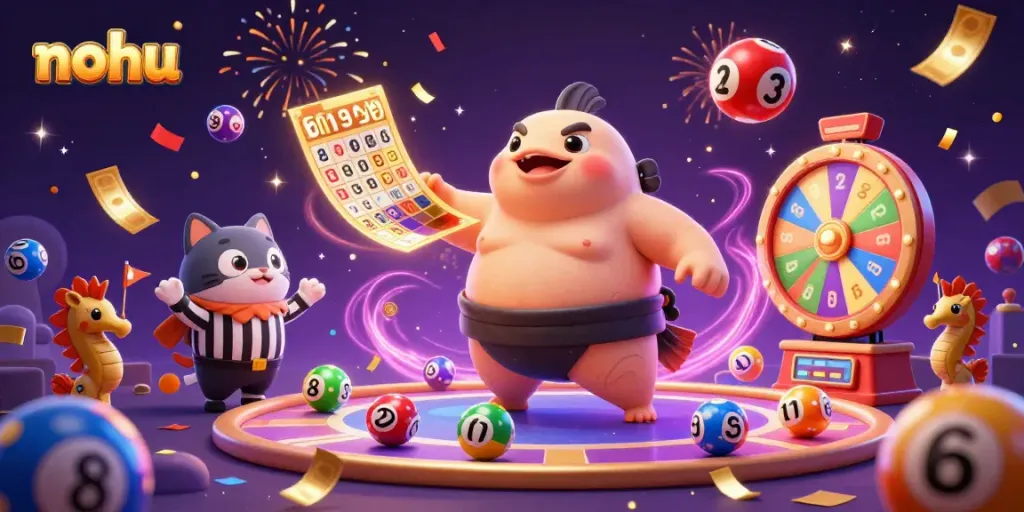 Engage in the vibrant world of nohu casino with a playful blowfish and dynamic gambling elements.