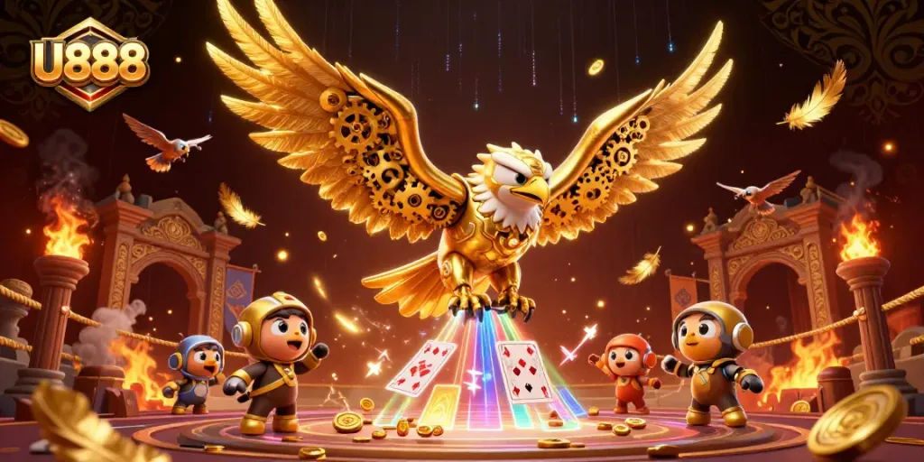 U888 interactive gaming scene with a golden eagle amidst playing cards and casino elements.