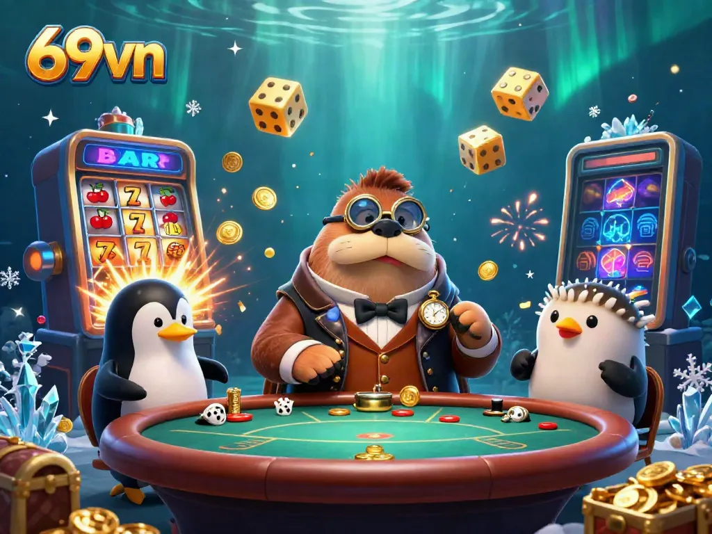 Experience thrilling gaming action at 69vn with cartoon walrus and friends at an underwater poker table.