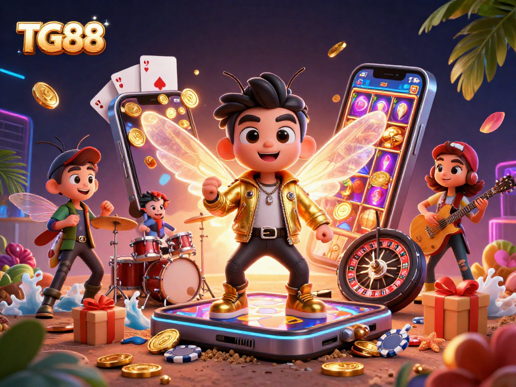 Experience the vibrant world of TG88 with a rockstar cicada and thrilling casino elements.
