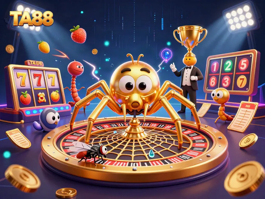 TA88 spider spins a roulette web as vibrant slot reels fly around during an exciting game.