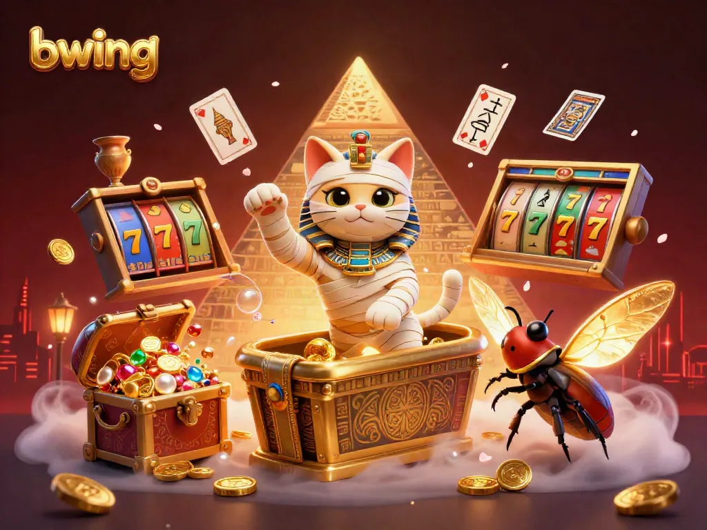 Experience the excitement of bwing with a vibrant pyramid casino scene featuring a mummy cat and scarab beetle alongside floating playing cards.