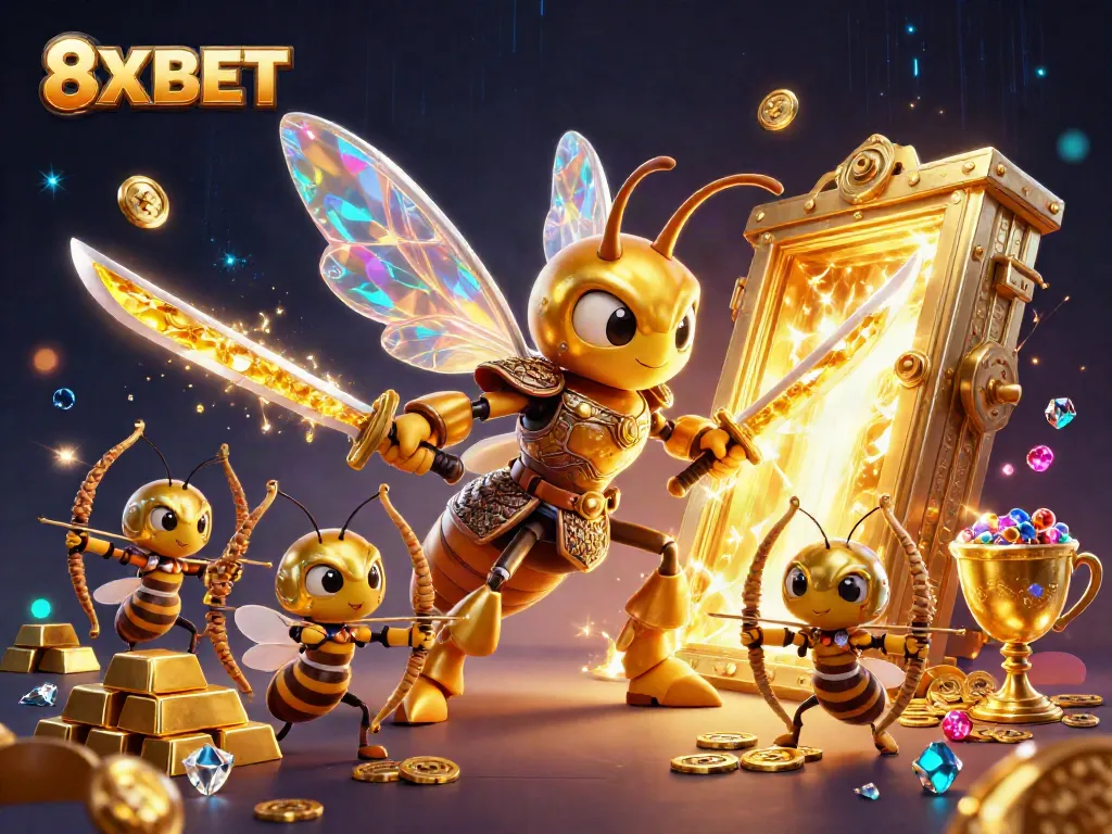 Join the excitement at 8XBET with a winning atmosphere showcasing vibrant characters and treasures!