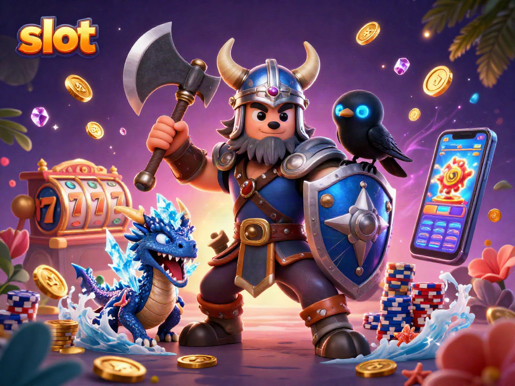 Engaging slot depiction with Viking warrior, dragon, and raven amidst dynamic casino elements.