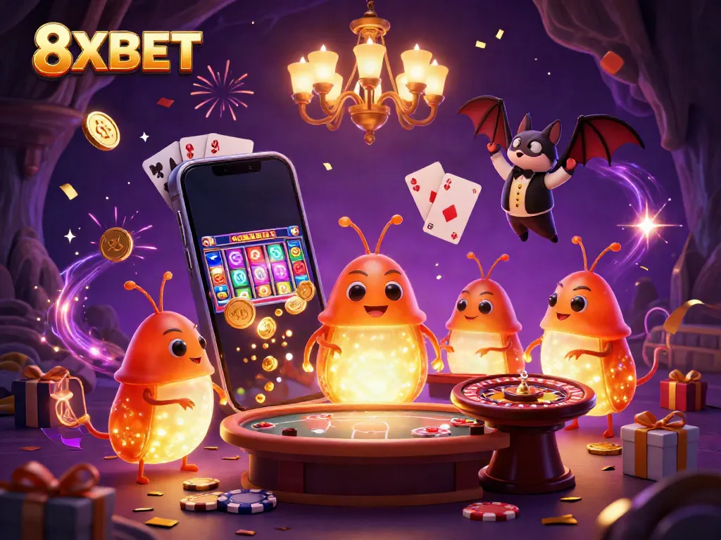 Experience the vibrant 8XBET casino atmosphere with glowworms and dazzling games.