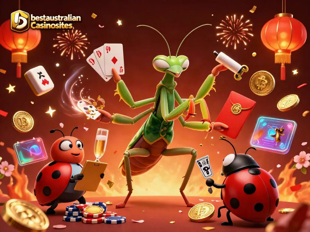 Experience Bitcoin gambling excitement at bestaustraliancasinosites with dynamic characters and festive elements.