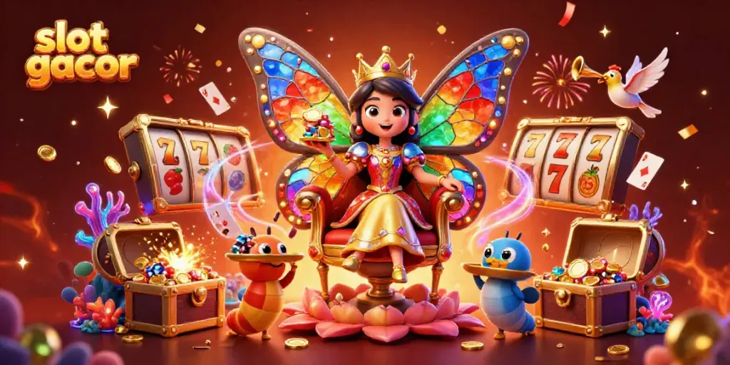 Menyemarakkan permainan slot gacor dengan ilustrasi ratu kupu-kupu dan elemen slot yang memikat.