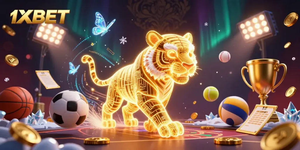 Experience the vibrant world of 1XBET with dynamic sports and casino elements, showcasing a golden tiger in action.