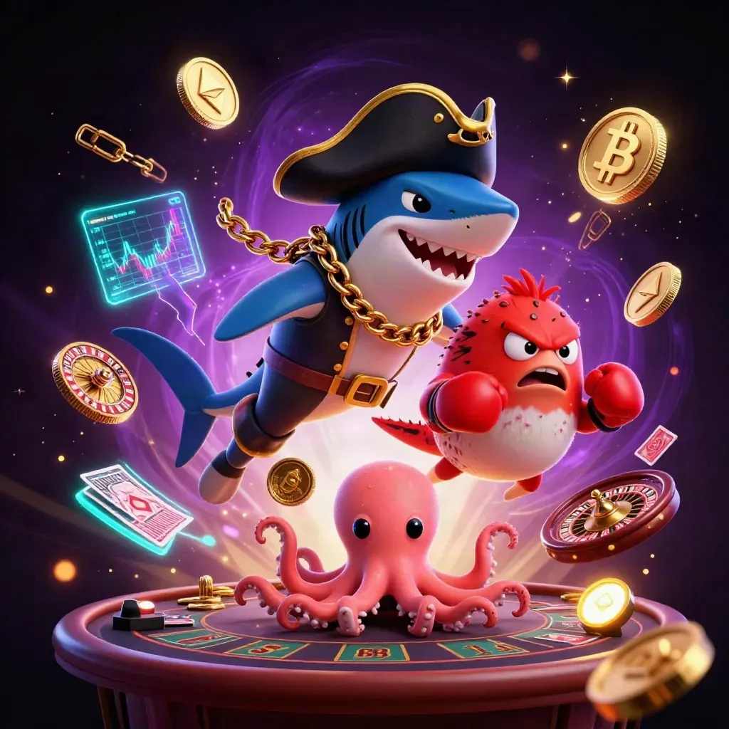 Shark pirate, boxing pufferfish, and juggling octopus amid casino coins and neon energy