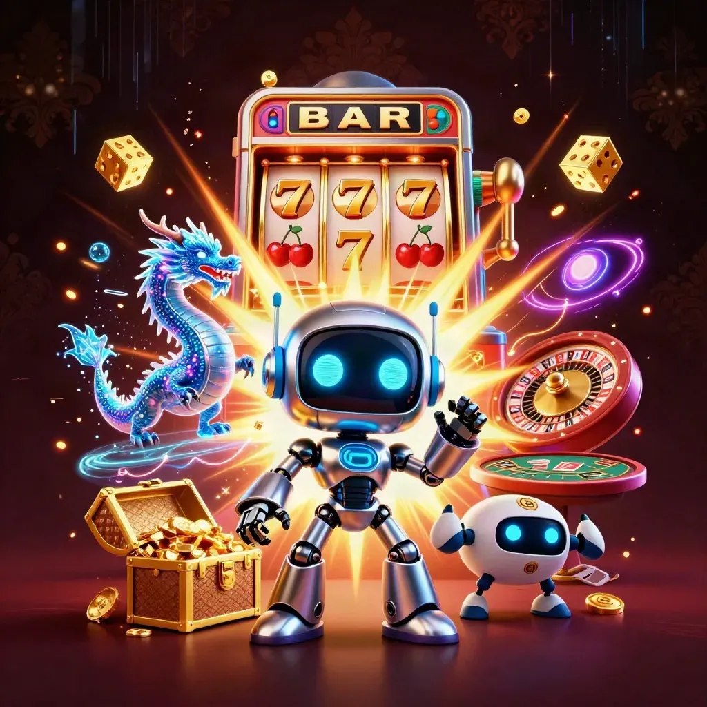 Cyberpunk robot, holographic dragon, and coin drone explode in casino gold and neon.