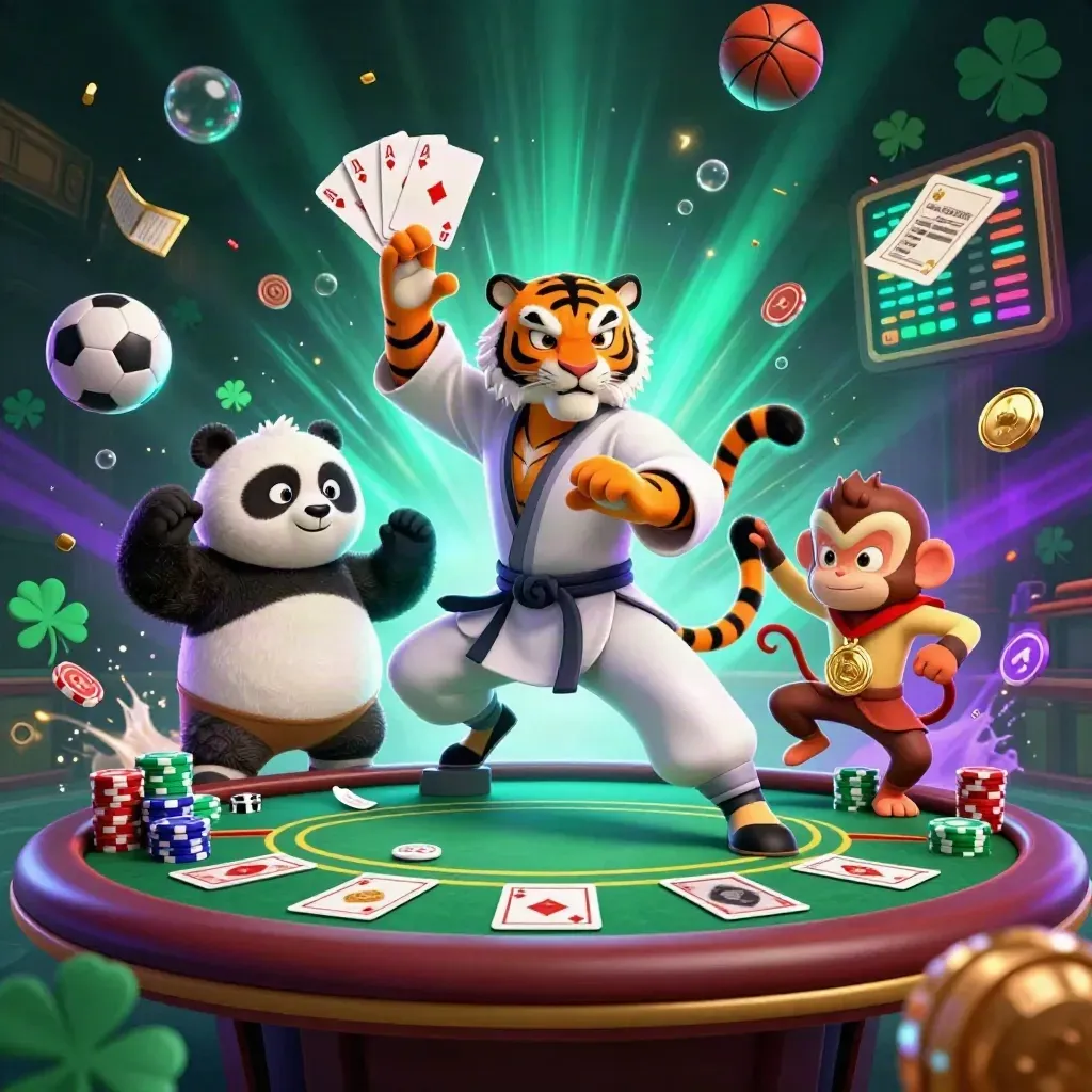 Kung-fu tiger, panda, and monkey clash amid poker chips, aces, and neon casino glow.