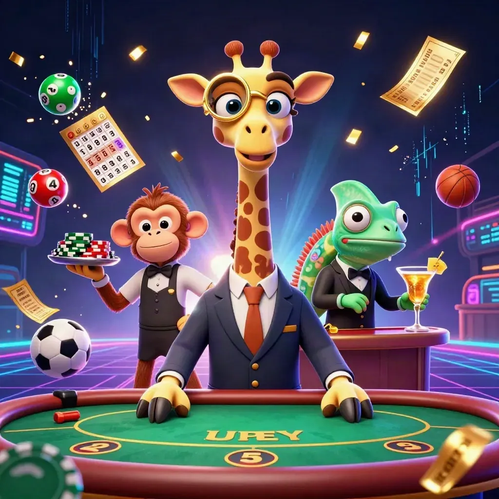 Low-angle casino sports tile with animal mascots, bouncing balls, chips, and neon glow.