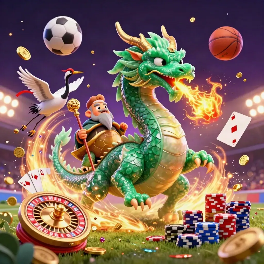 Emerald dragon, turtle sage, cranes, casino symbols, balls, coins, and glowing lights in a dramatic key art scene.