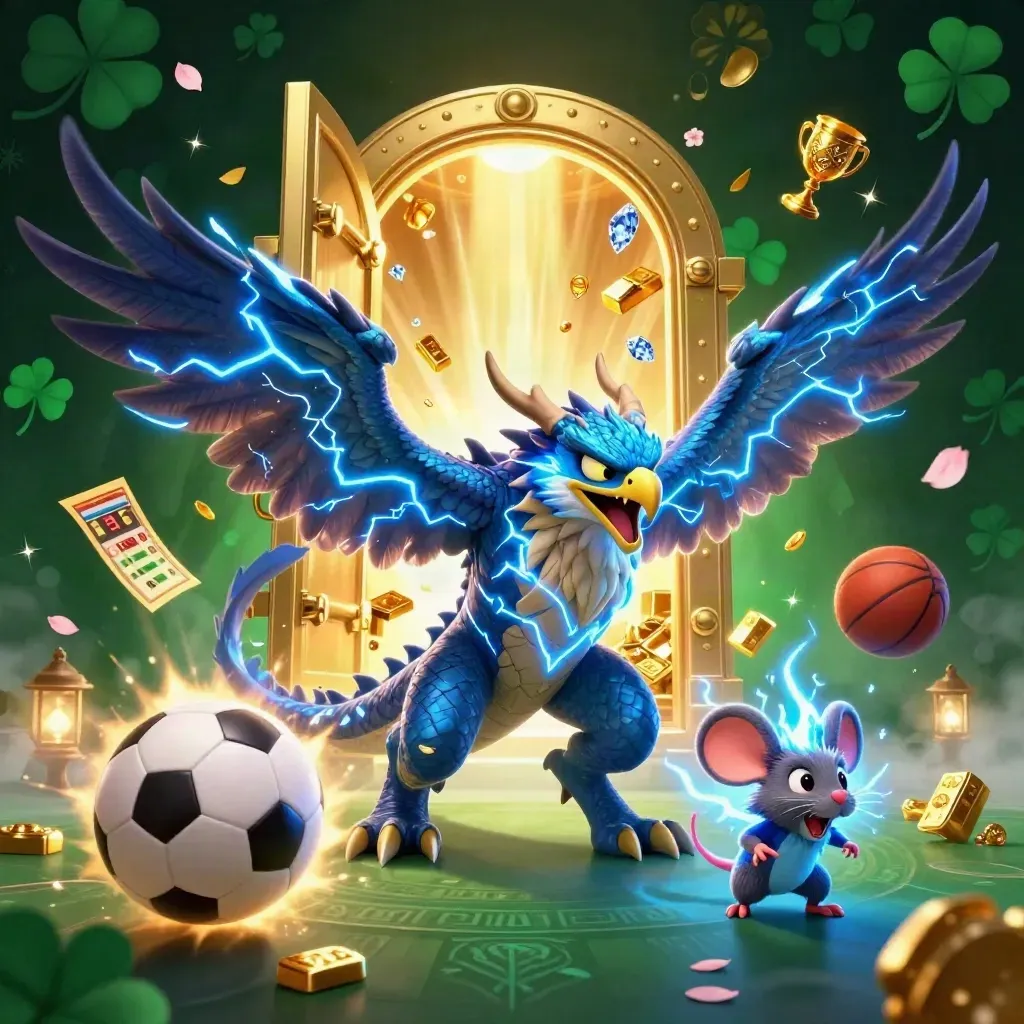 Fantasy casino sports key art with a lightning dragon, hawk, mouse, gold vault and game props.