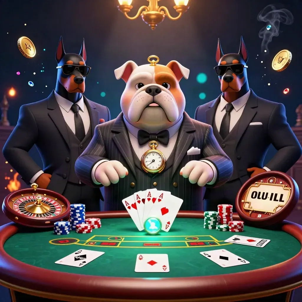 Mafia bulldog and Dobermans at a neon poker table with chips, roulette, and casino glow.