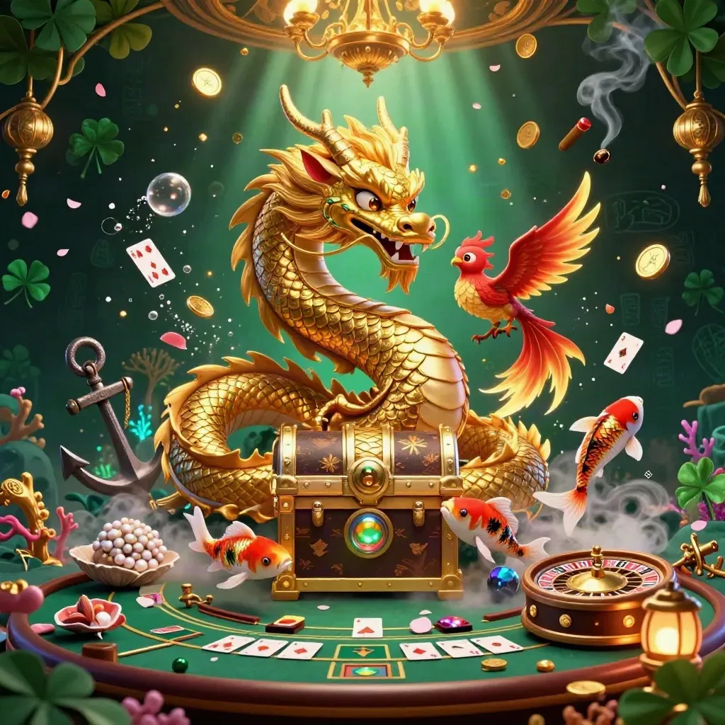 Golden dragon and phoenix in a treasure cove casino, with coral glow, roulette wheel, and coin rain