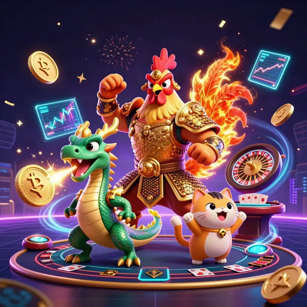 Rooster warrior, dragon hatchling and fortune cat amid casino glow, coins, sparks and roulette.