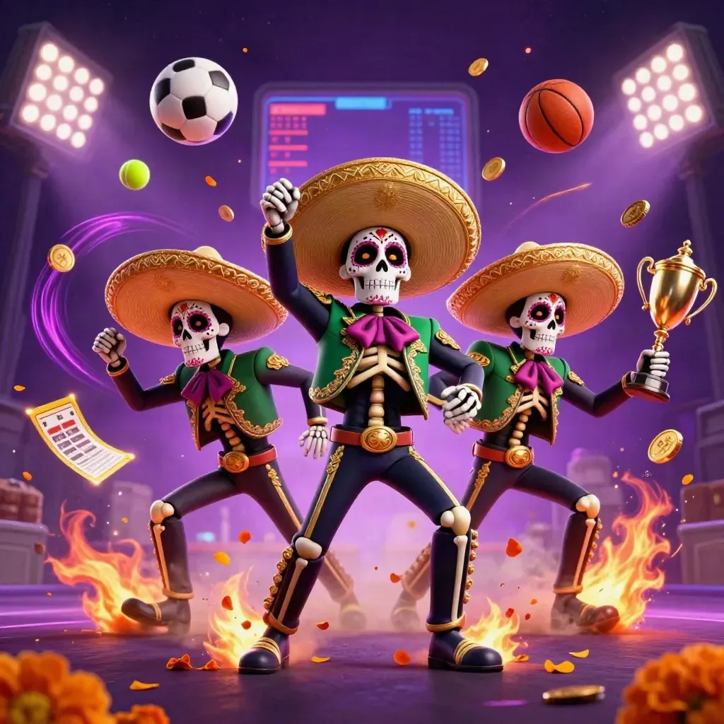 Day-of-the-Dead skeleton trio with flying sports balls, coins, trophy, and neon casino glow