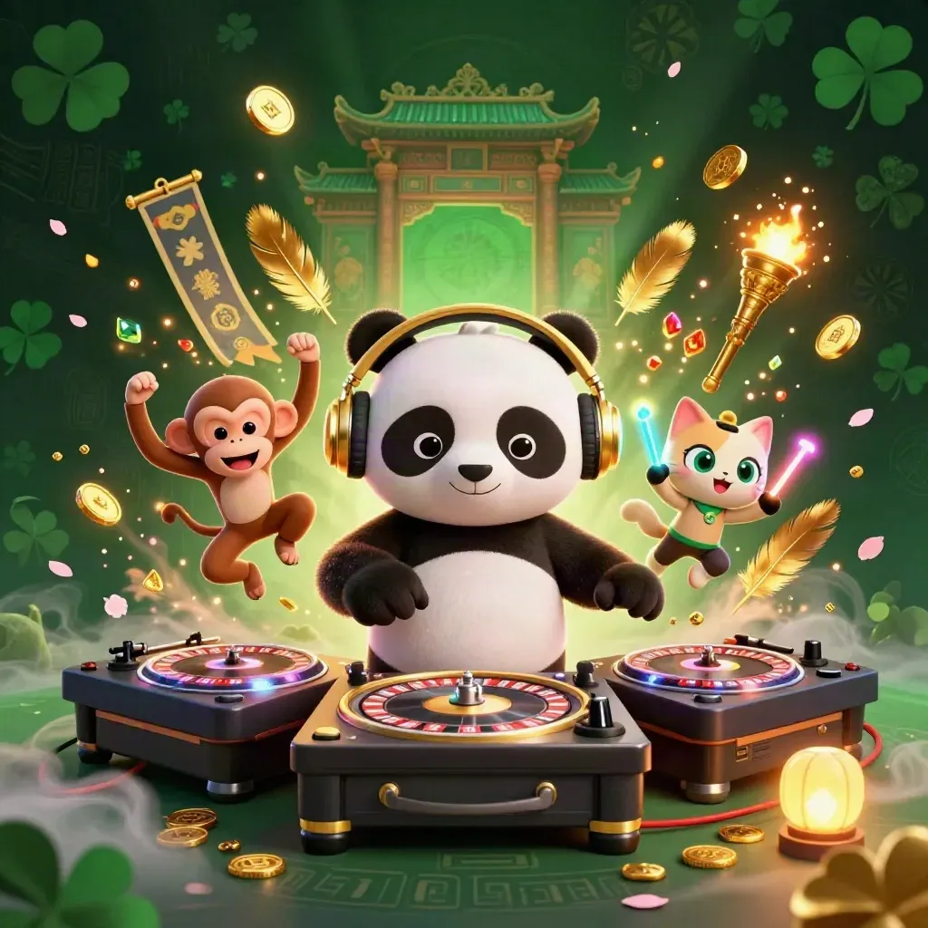 DJ panda, dancing monkey, and rave kitten in a luxe casino battle scene with emerald glow