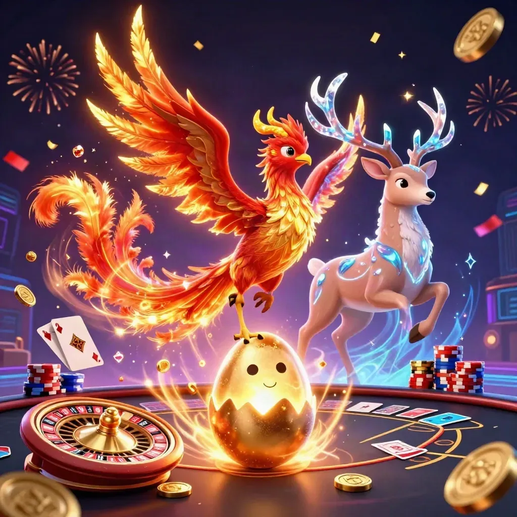 Phoenix trio with coins, roulette, cards and chips in a neon casino fantasy.