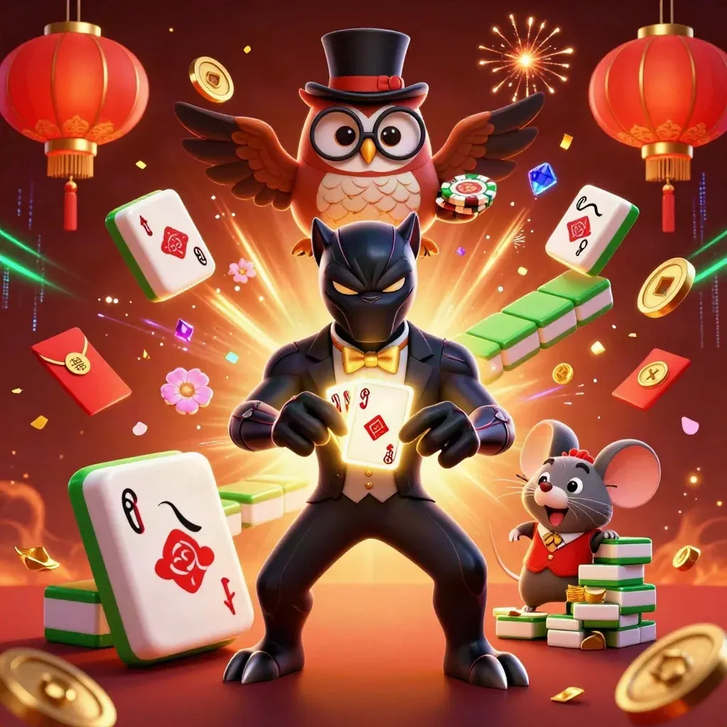Tuxedo panther, owl, and mouse amid emerald casino treasure bursts and glowing chips.