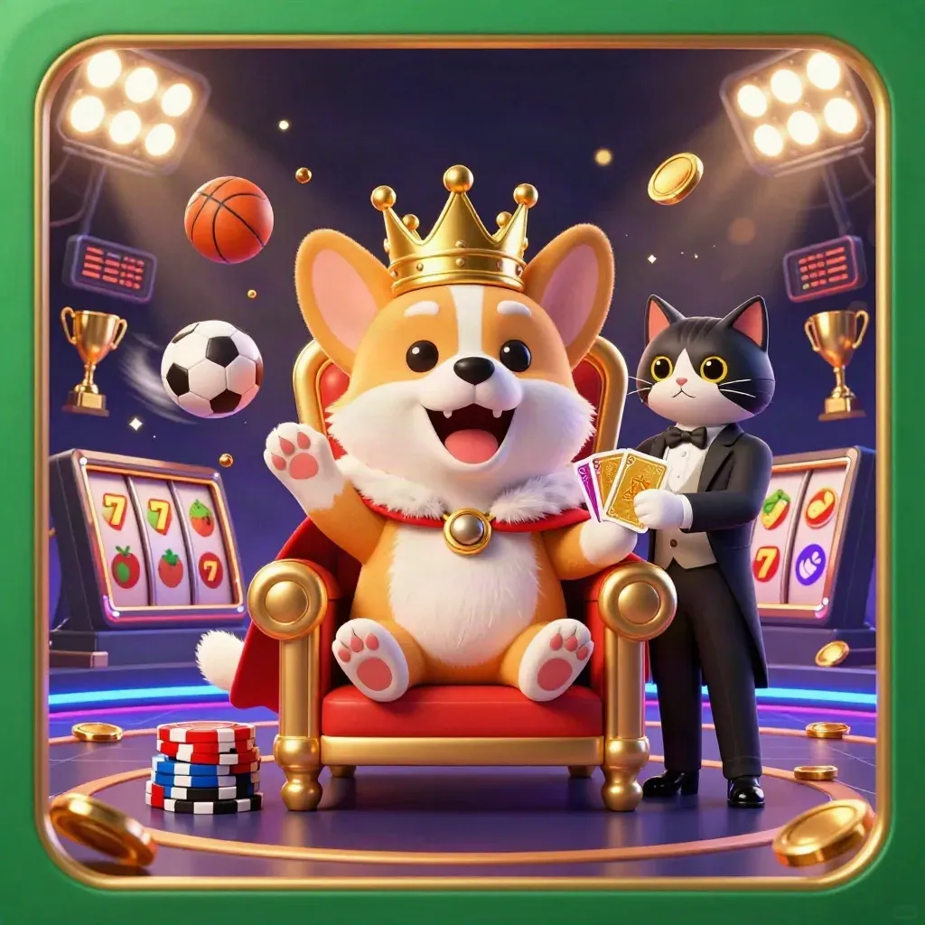 Royal corgi king and cat butler amid flying sports balls, chips, coins, and neon casino glow.