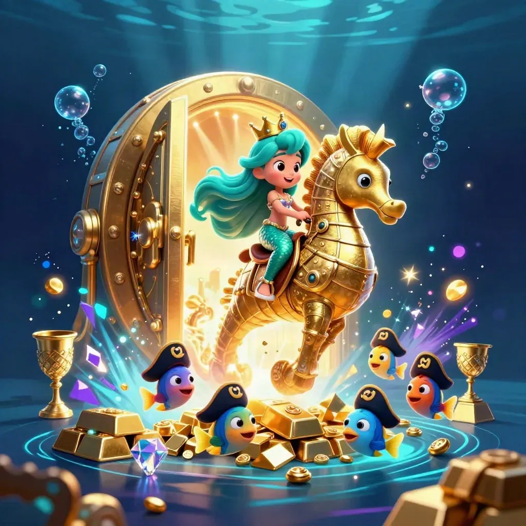 Mermaid princess on armored seahorse, vault bursting open with gold and gems underwater.