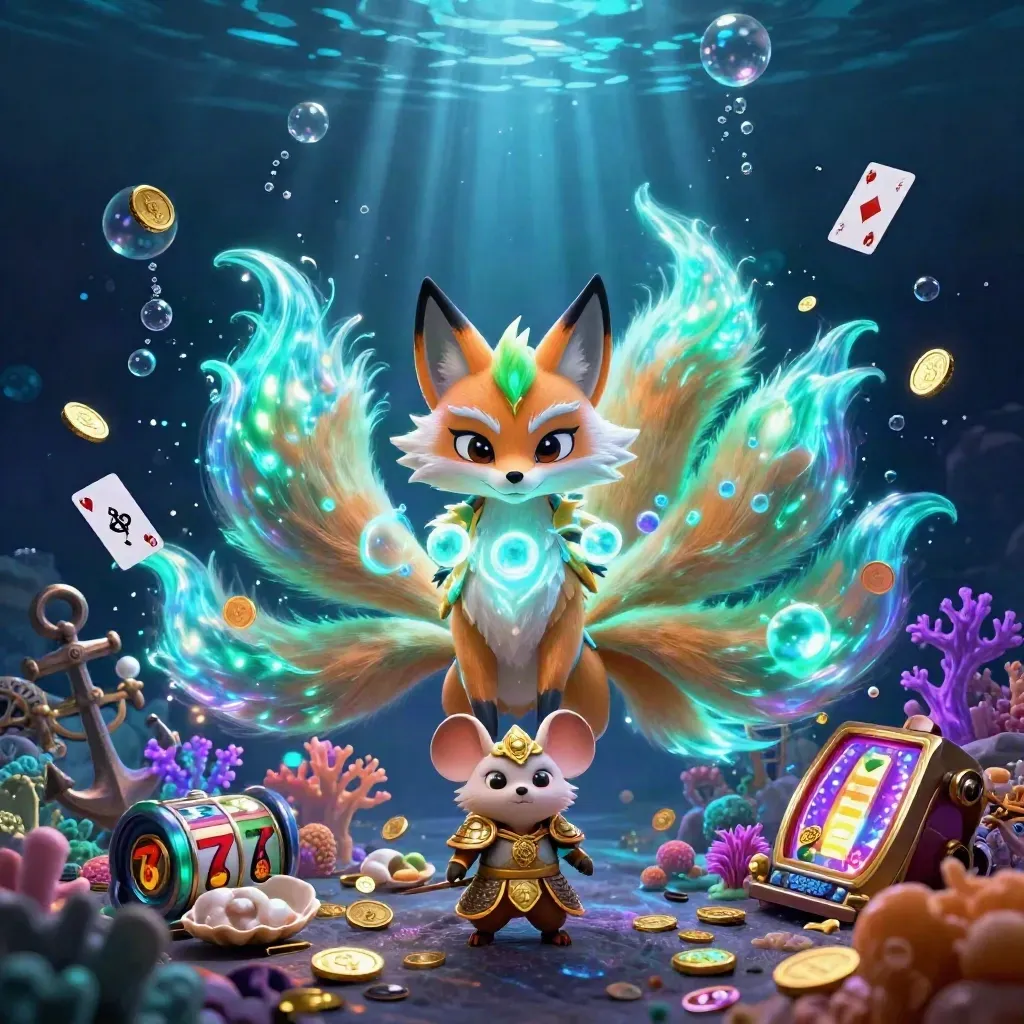 Fox spirit and samurai mouse amid glowing underwater treasure, coins, coral, bubbles, and casino relics