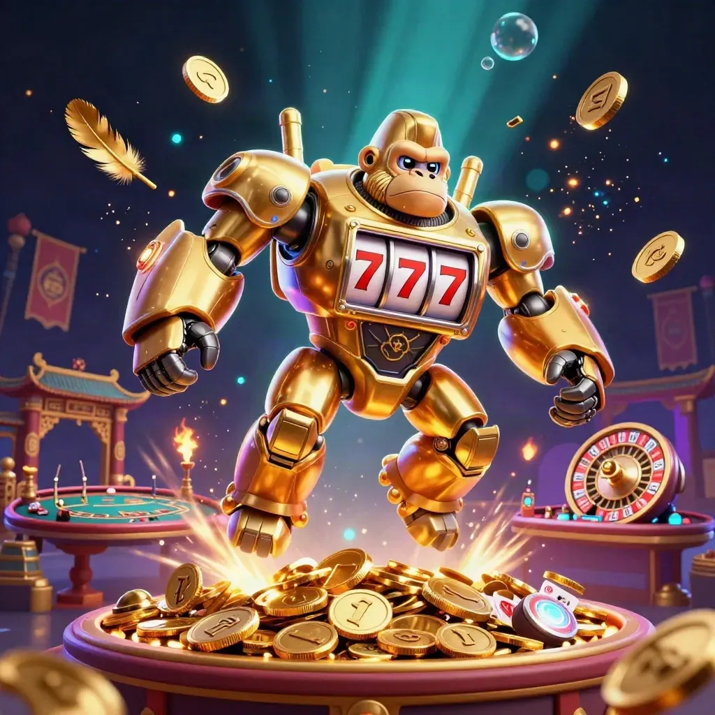 Golden gorilla mech and monkey pilot amid coins, roulette wheel, temple gate, and casino effects.