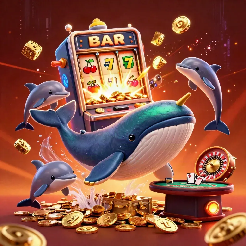 Whale captain, narwhal, dolphins, jackpot slots, coins, and casino glow in a fiery luxury burst.