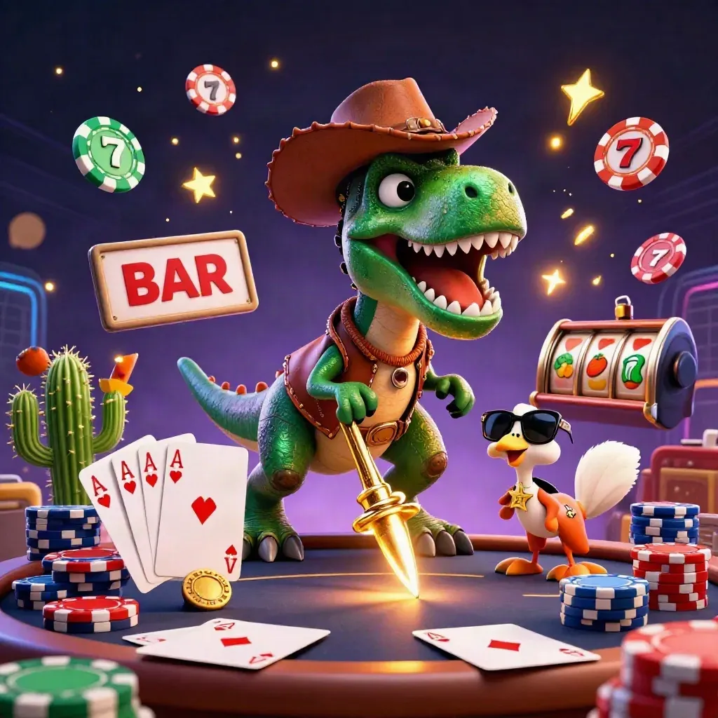 Cowboy T-Rex, cactus buddy, and sheriff roadrunner at a neon casino poker table.
