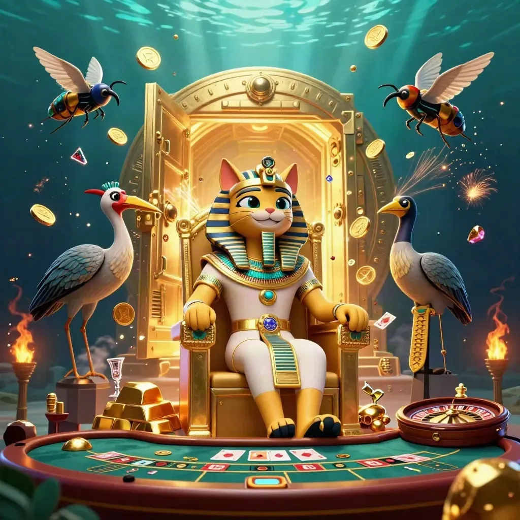 Pharaoh cat, ibis scribe, and gem-winged scarabs amid vault gold, roulette spin, and casino glow.