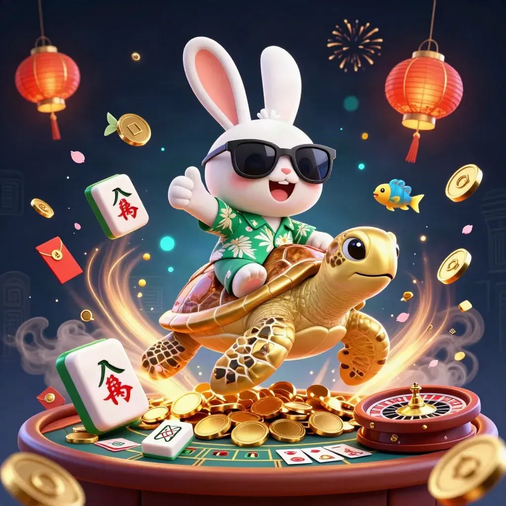 Lucky rabbit on a golden sea turtle amid coins, lanterns, fireworks, and casino table action