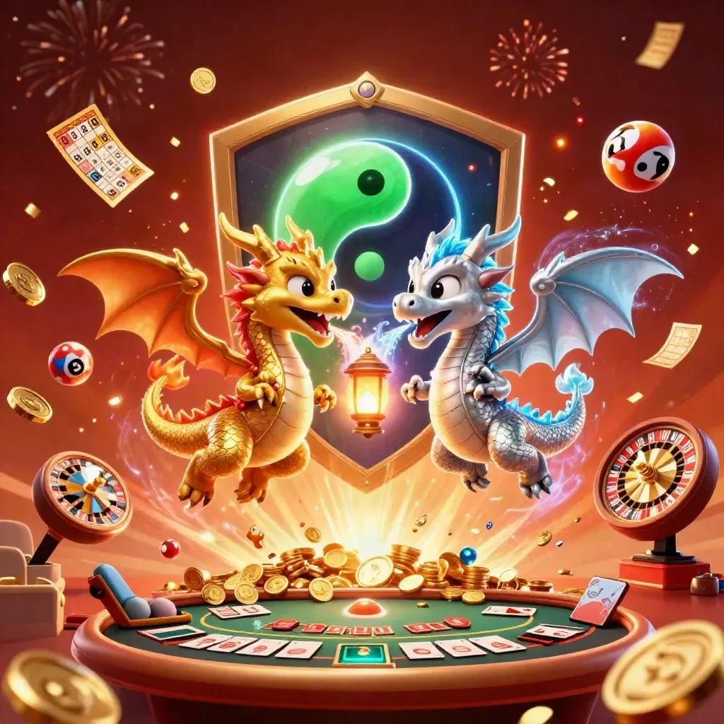 Gold and silver dragons spiral around a lantern spirit with casino props and bursting coins.