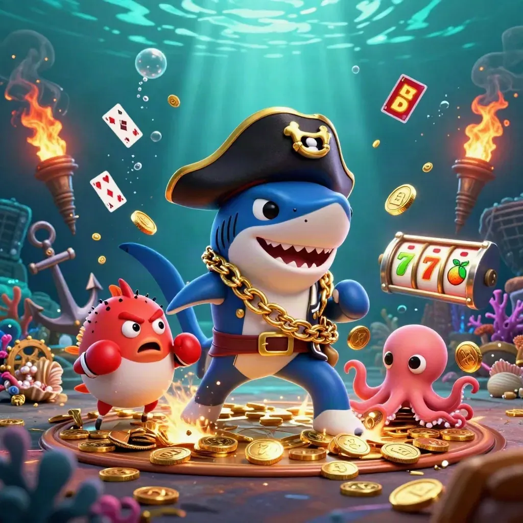 Shark pirate, boxing pufferfish, and juggling octopus in a glowing underwater casino treasure burst.