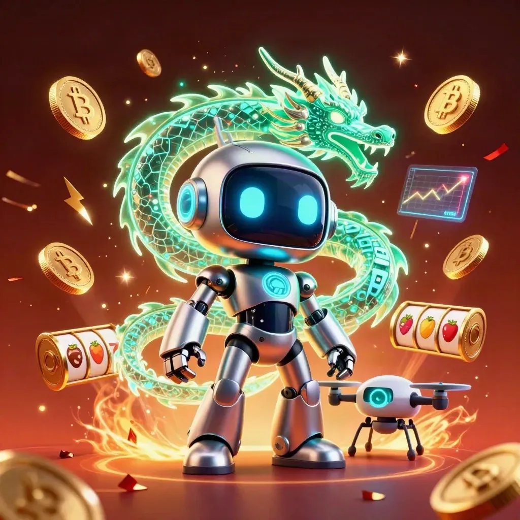 Chrome robot, holographic dragon and coin drone amid casino sparks and crypto coins.