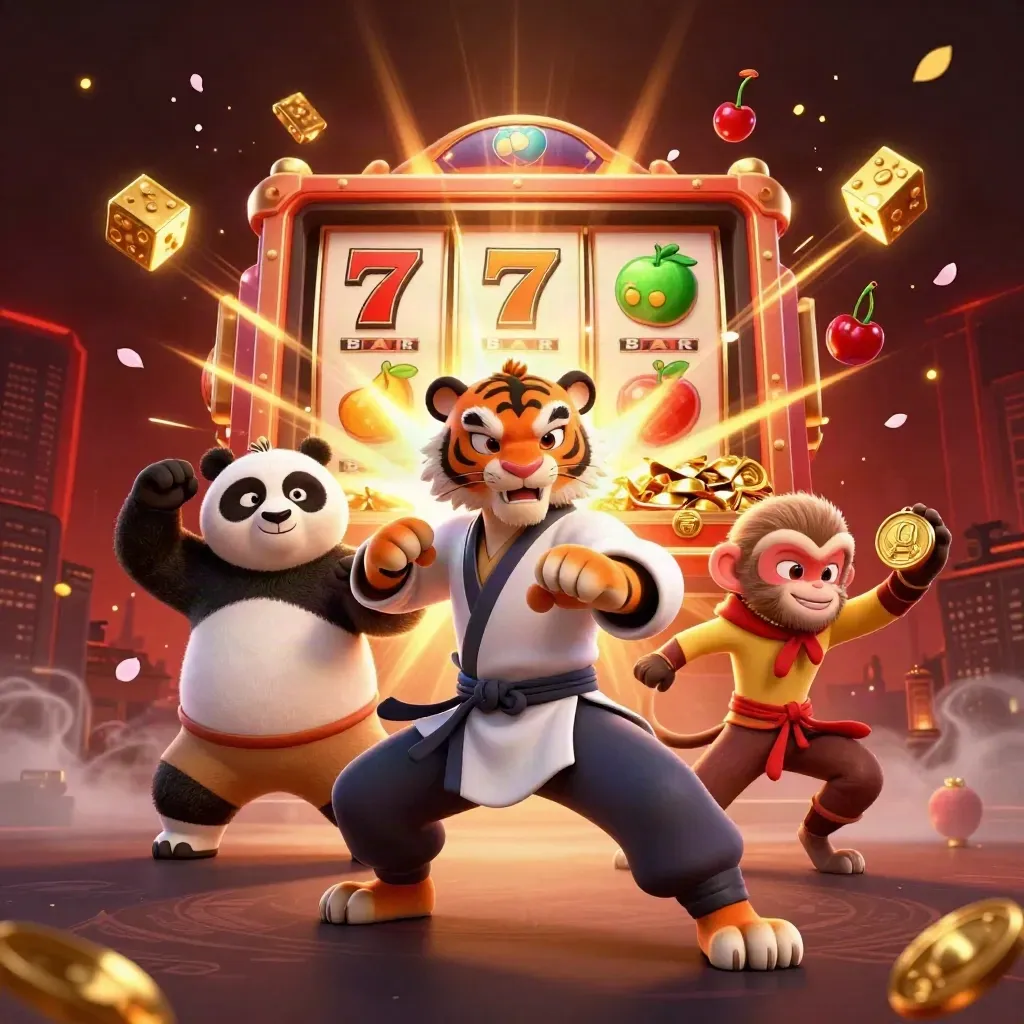 Tiger, panda, and monkey burst around a glowing slot machine with gold and red effects.