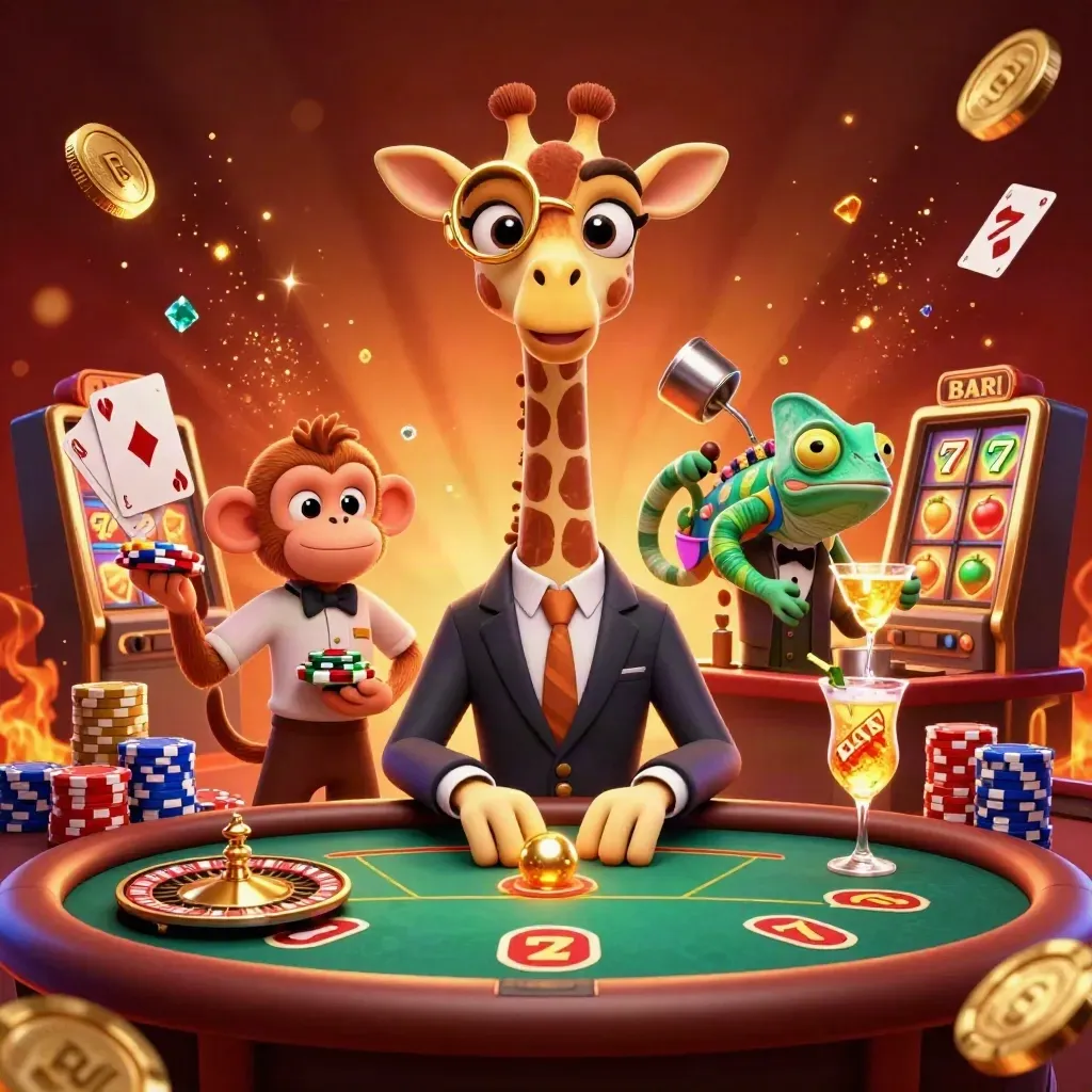 Giraffe, monkey, and chameleon casino heroes amid chips, cards, roulette, coins, and glowing reels.