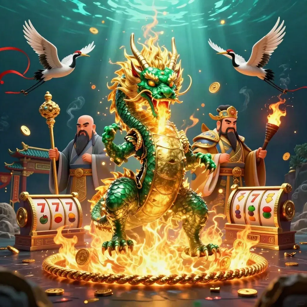 Emerald dragon, turtle sage, and cranes in a gold-flecked casino fantasy scene