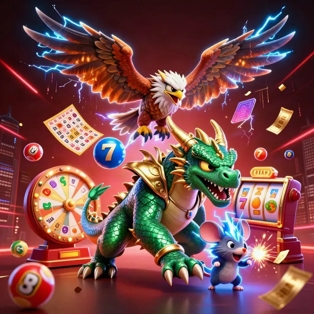 Thunder dragon, wind hawk, and static mouse amid casino reels, balls, and glowing effects.