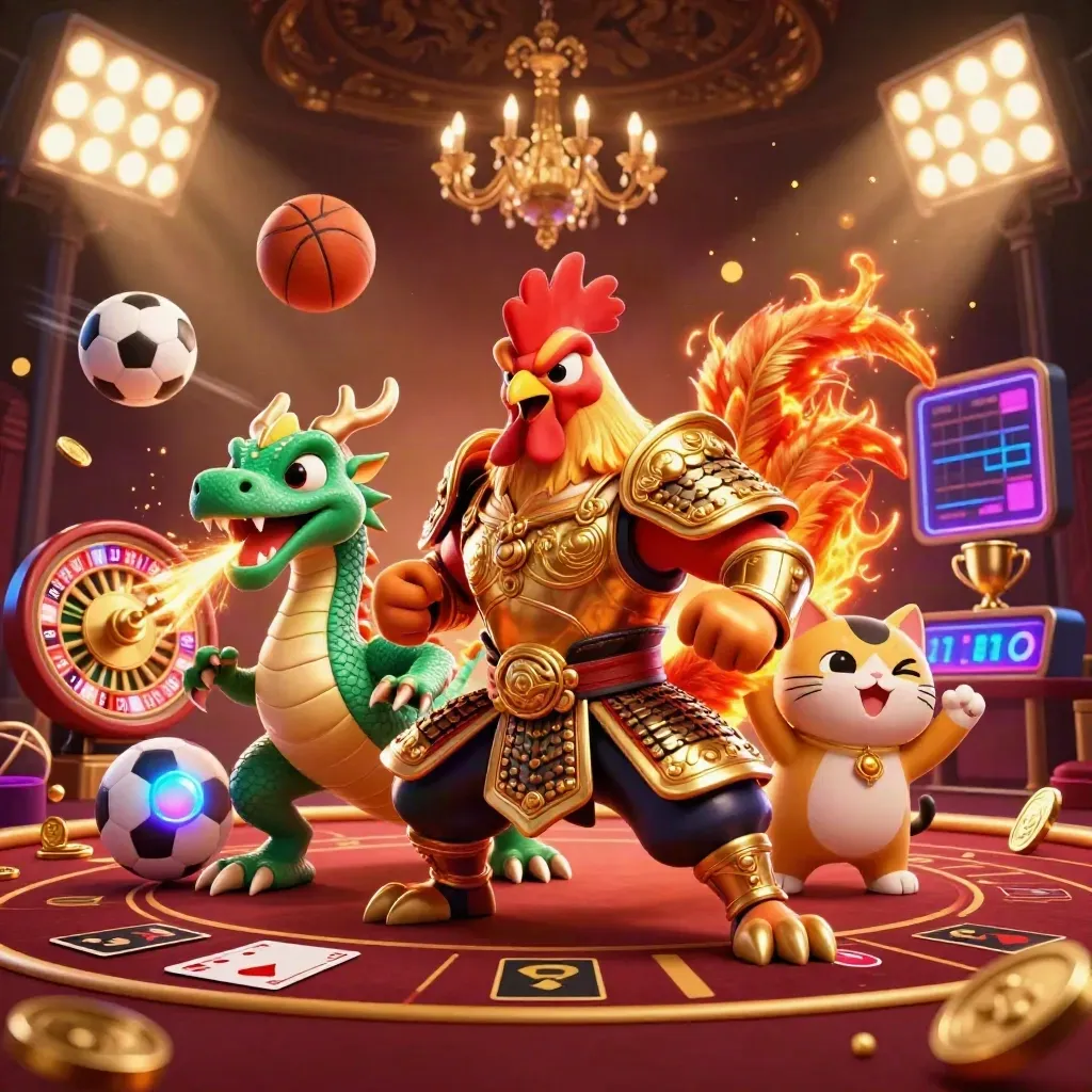 Rooster warrior, spark-breathing hatchling and fortune cat amid casino loot, roulette and neon glow.